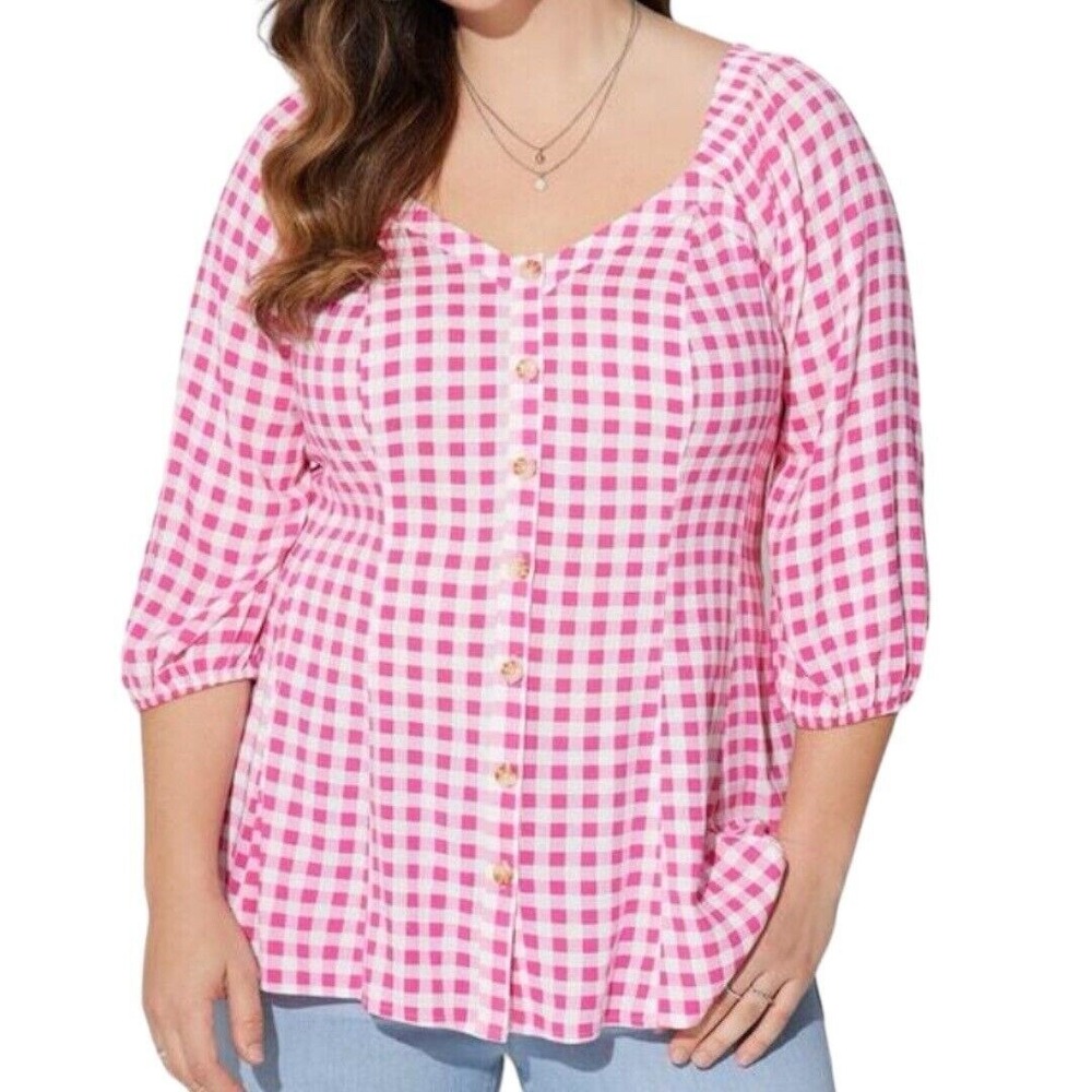 TORRID Fit & Flare Rayon Slub Pink Gingham 3/4 Sleeve Top NWT  Size 6X